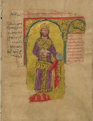 Alexander der Große im byzantinischen Kaisergewand Miniatur aus dem Alexanderroman, 14. Jahrhundert