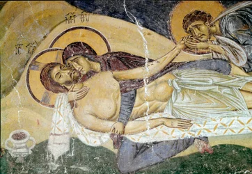 Byzantinische Kunst: „Beweinung des Todes Christi“. Fresko eines Malers aus dem 12. Jahrhundert. Detail. Nerezi, San Pantaleimone, Mazedonien
