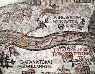 Byzantinische Kunst: älteste Karte Palästinas. Detail, der den Fluss Jordan und seine Mündung ins Tote Meer darstellt. Mosaik des 6. Jahrhunderts. Madaba, Kirche St. Georg