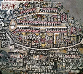 Byzantinische Kunst: älteste Karte von Palästina. Detail, das Jerusalem darstellt. Mosaik aus dem 6. Jahrhundert. Madaba, Kirche St. Georg