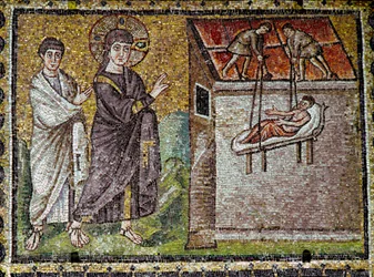 Jesus heilt auf wundersame Weise einen Gelähmten in Kafarnaum. Mosaik aus dem 6. Jahrhundert. Basilika Sant