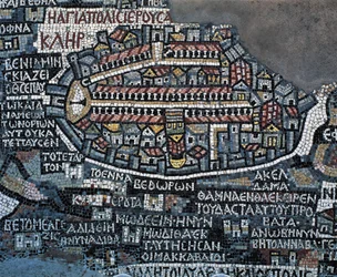 Madaba-Mosaikkarte (Karte des Heiligen Landes), 560, Mosaik in der griechisch-orthodoxen Basilika St. Georg, Madaba, Jordanien, byzantinische Zivilisation, 6. Jahrhundert