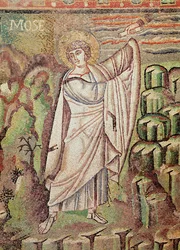 Moses auf dem Berg Sinai, Figur über der Lünette, die die Gastfreundschaft Abrahams und das Opfer Isaaks darstellt, 6. Jahrhundert (Mosaik) (Detail)