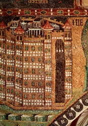 Ansicht von Jerusalem (Detail des Mosaiks, 6. Jahrhundert)