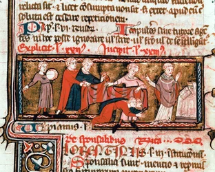 Hochzeitsszene, die Ehepartner sind mit einem Tuch bedeckt, Symbol ihrer Vereinigung. Miniatur aus dem Justinianischen Kodex (Codex Justinianus), einer Sammlung von Gesetzen und Institutionen, die unter dem römischen Kaiser Justinian I. von Byzanz (483-565