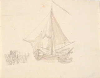 Ein Schiff mit Segel und Wimpel und ein Boot. Links zwei Pferdewagen