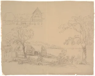 Landschaft mit Bauernhof an einem See