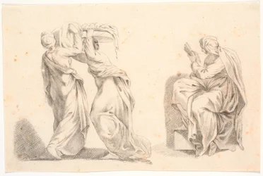Zwei Frauen in klassischen Gewändern, die einen Korb tragen, sowie eine Sibylle nach Michelangelo