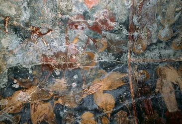 Beschädigtes Fresko in der Kirche Metamorphosis Sotiros, Voutas, Kreta, Griechenland (Foto)