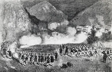 Division von General Giacomo Medici greift Levico Terme an, Trentino-Südtirol, Juli 1866, Dritter Unabhängigkeitskrieg, Gravur, Italien