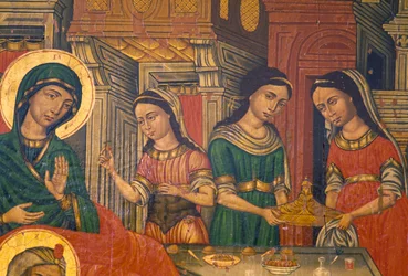 Madonna und Frauen, die Essen tragen, Arkadi, Kreta, Griechenland (Foto)