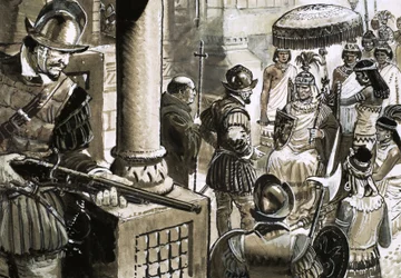 Francisco Pizarro, der rücksichtslose Eroberer des Inka-Reiches, trifft König Atahualpa