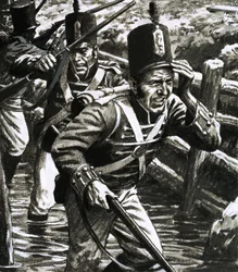 Soldaten in den überfluteten britischen Linien bei Vlissingen