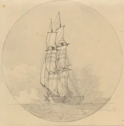 Eine Brigg unter Segeln von vorne gesehen