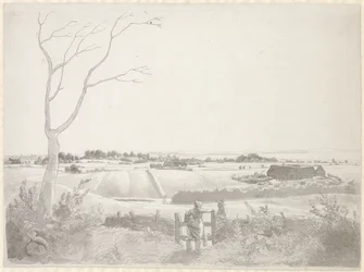 Landschaft mit Bauernmädchen an einer Steinmauer