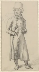 Porträt eines stehenden Mannes mit einem Stock unter dem linken Arm