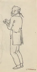 Satirisches Blatt; ein lächelnder Mann, von der Seite gesehen, mit beiden Händen vor der Brust, sowie Teil einer leichten Bleistiftskizze [abgeschnitten]