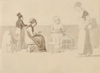 Szene aus einem Hof oder Kai in Paris. Vier sitzende, stehende und gehende Figuren.