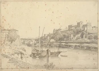 Blick über den Tiber bei Porto di Ripa Grande außerhalb von Porta Portese in Richtung Marmorata und den Kirchen auf dem Monte Aventino, Rom