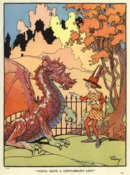 Mann, der die Zukunft eines Drachen vorhersagt (Farblithografie)