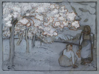 Kompositionsstudie von zwei weiblichen Bauern, die sich in einem Obstgarten unterhalten, ca. 1894
