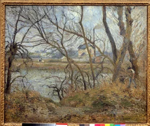 Ufer der Oise, nahe Pontoise, graues Wetter. Gemälde von Camille Pissarro