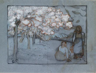 Kompositionsstudie von zwei weiblichen Bauern, die sich in einem Obstgarten unterhalten, ca. 1894