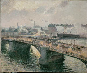Sonnenuntergang im Nebel über der Boieldieu-Brücke in Rouen