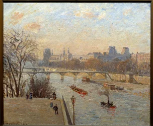 Der Louvre und die Pont des Arts in Paris (Gemälde von Camille Pissarro, 19. Jahrhundert)