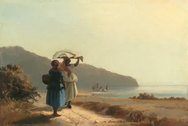 Zwei Frauen im Gespräch am Meer, St. Thomas, 1856.