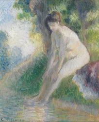 Frau sitzt am Ufer eines Baches, ca. 1895