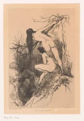Zwei nackte Frauen beobachten heimlich ein sich küssendes Paar. „Die Blumenmädchen“ (Titel auf dem Objekt)