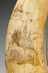 Pulverhorn, graviert mit einer Karte des Sankt-Lorenz-Stroms im Gebiet von Quebec, ca. 1759