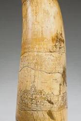 Pulverhorn, graviert mit einer Karte des Sankt-Lorenz-Stroms im Gebiet von Quebec, um 1759