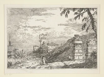 Landschaft mit Turm und zwei zerstörten Säulen, aus der Serie Vedute