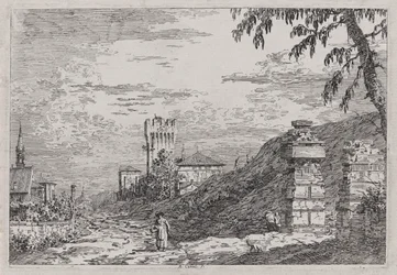 Landschaft mit Turm und zwei zerstörten Säulen, aus der Serie Vedute