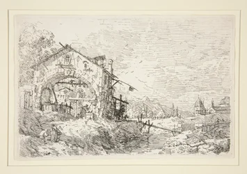 Landschaft mit einer Frau an einem Brunnen, aus der Serie Vedute