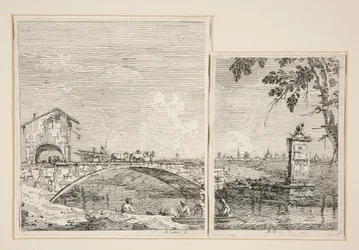 Der Wagen überquert eine Brücke [und] Das kleine Denkmal (unter einem Baum), aus der Serie Vedute