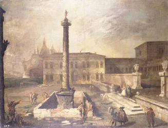 Ein Capriccio eines Platzes vor einem Palast mit der Säule des Marcus Aurelius
