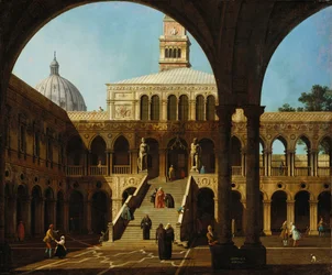 Canaletto - Capriccio-Ansicht des Innenhofs des Palazzo Ducale mit der Scala dei Giganti, signiert und datiert 1744