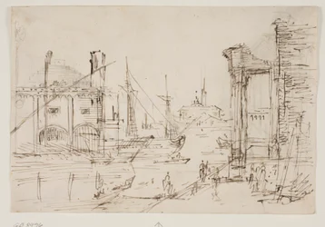 Capriccio mit klassischen Ruinen an einem Kai, einem Bootshaus, zwei Galeeren, zwei Masten eines Segelschiffs dahinter, eine Kuppelkirche im Hintergrund