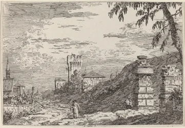 Landschaft mit Turm und zwei zerstörten Säulen, ca. 1735-1746