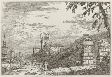 Landschaft mit Turm und zwei zerstörten Säulen [links], ca. 1735-1746