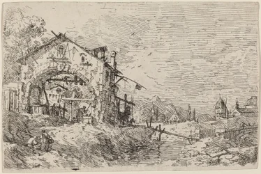 Landschaft mit Frau an einem Brunnen