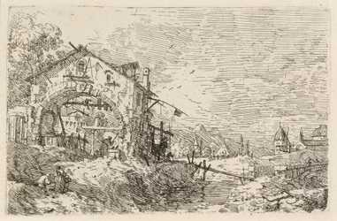 Landschaft mit einer Frau an einem Brunnen