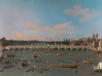 Westminster Bridge, mit der Prozession des Lord Mayor auf der Themse