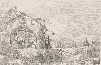 Frau schöpft Wasser aus einem Brunnen unter einer Arkade links, mit einer Landschaft rechts, 1717-68