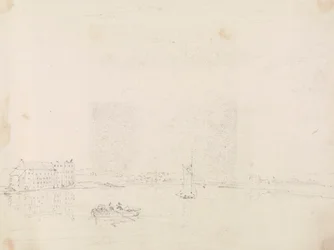 Skizze von Booten und einem großen Gebäude, vom anderen Ufer des Medina-Flusses