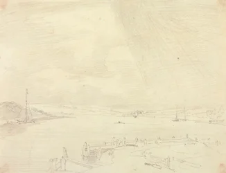 Skizze einer Küstenlandschaft mit Pier im Vordergrund, Isle of Wight