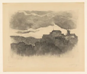 Stadt mit Mühle auf einem Hügel